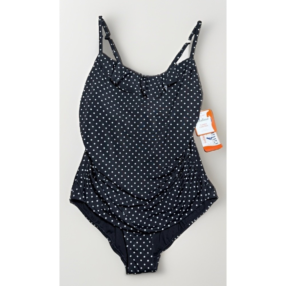 Catalina Women's 1 Pc Twist Front Swim Suit Black&White Polka Dot 2X (18-20W)NWT